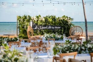 Photo of tables and custom backdrop