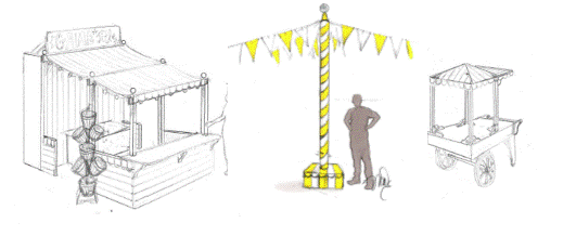 Custom Renderings of carnival booth, maypole and cart