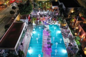 Photo of aerial shot of pool event for a Blue Spark Event Design - Product Launch Miami