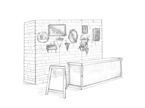 This is a sketch of custom built wood wall with a table and chalkboard sign.