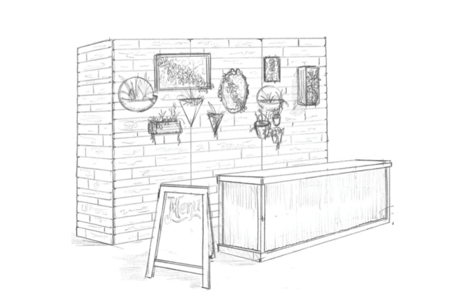 This is a sketch of custom built wood wall with a table and chalkboard sign
