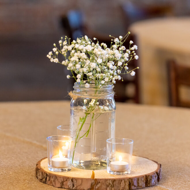 Blue Spark – Beautiful baby’s breath centerpieces on wooden slab 2