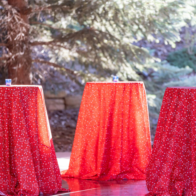 Blue Spark – Red Paisley linen and simple blue votives