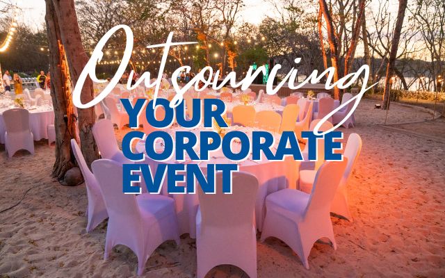 Photo of event with words outsourcing your corporate event