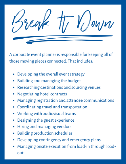A corporate event planner is responsible for keeping all of those moving pieces connected. That includes: Developing the overall event strategy Building and managing the budget Researching destinations and sourcing venues Negotiating hotel contracts Managing registration and attendee communications Coordinating travel and transportation Working with audiovisual teams Designing the guest experience Hiring and managing vendors Building production schedules Developing contingency and emergency plans Managing onsite execution from load-in through load-out